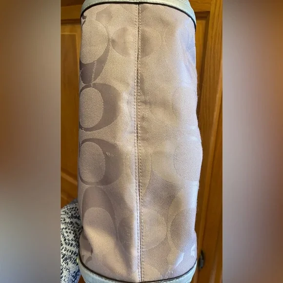 Gold Coach signature jacquard handbag purse with leather trim and double straps. - Picture 8 of 9